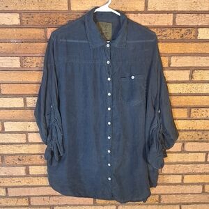 Pete & Greta Johnny Was Small Navy Blue 100% Silk Long Sleeve Button Down Blouse